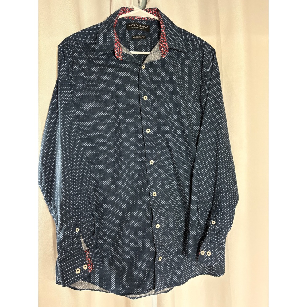 Nick Graham Mens Modern Fit Shirt Navy Blue Polka Dot Floral Trim 15.5 32-33 M